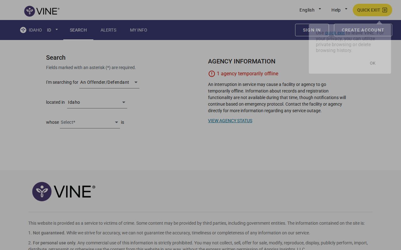 VINELink Idaho person custody search screen