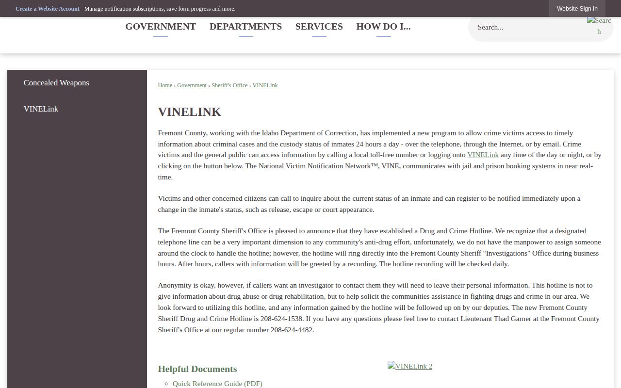 Fremont County official VINELink information page