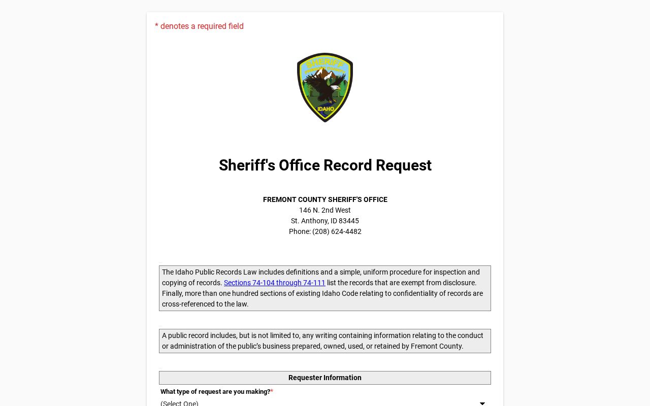 Fremont County official public records request form entry page