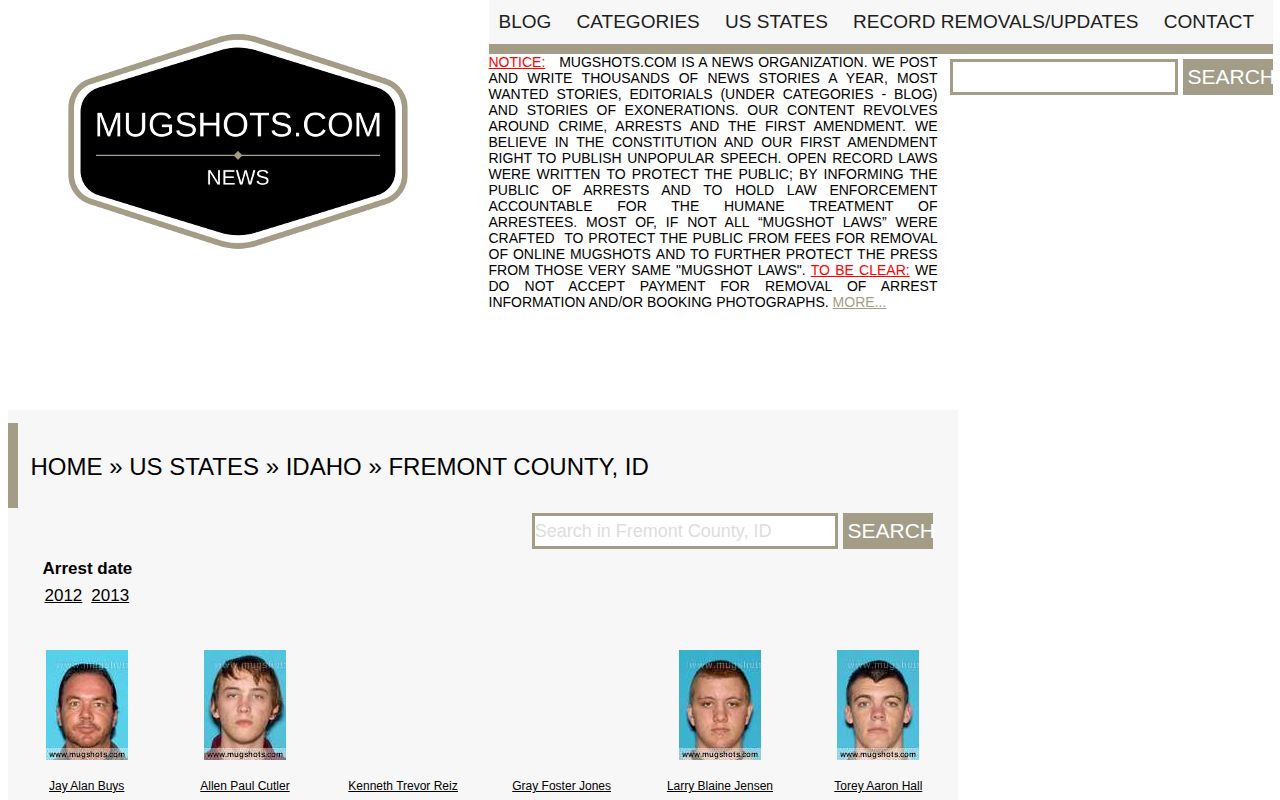 Unofficial Mugshots.com Fremont County Idaho page shown for source comparison